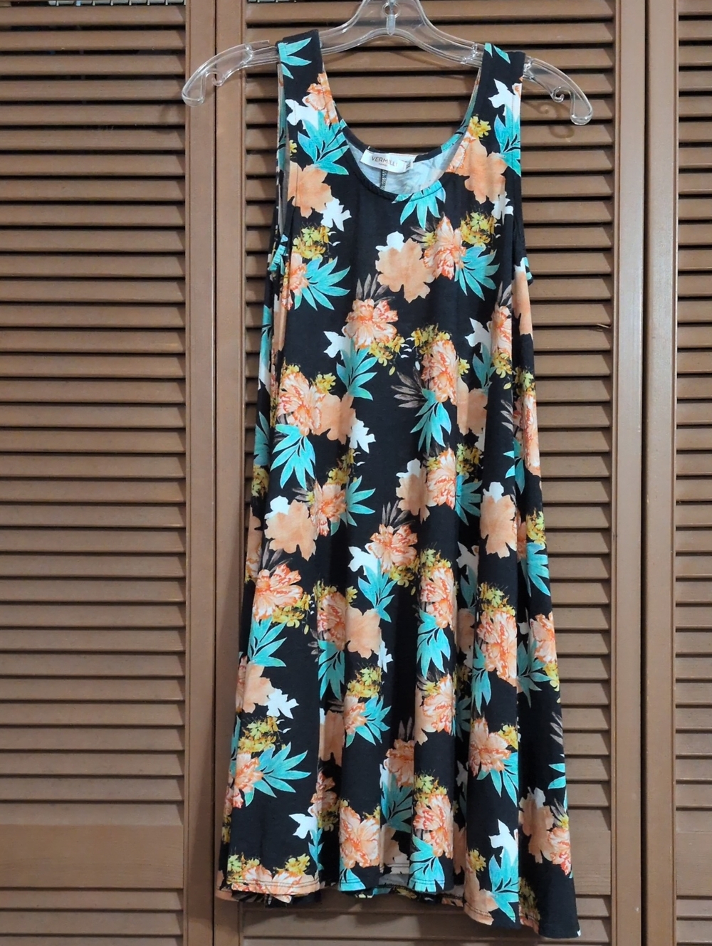 Vermilli Sleeveless Black Floral Swing Dress with Teal Accents